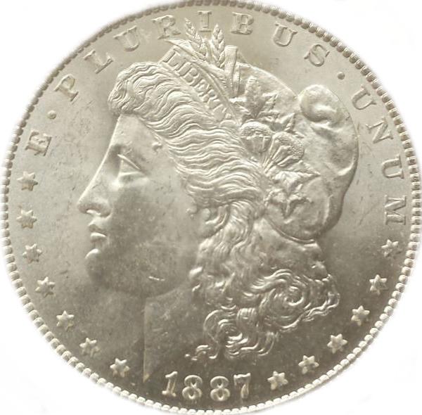 High-resolution macro photograph of the obverse of a Morgan silver dollar, showing fine luster breaks, die wear, and bag marks on Liberty's cheek and hair.