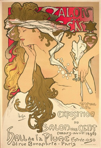 High-resolution reproduction of an Art Nouveau or early twentieth-century lithograph poster showing ornamental line work, flat color fields, and hand-drawn type.