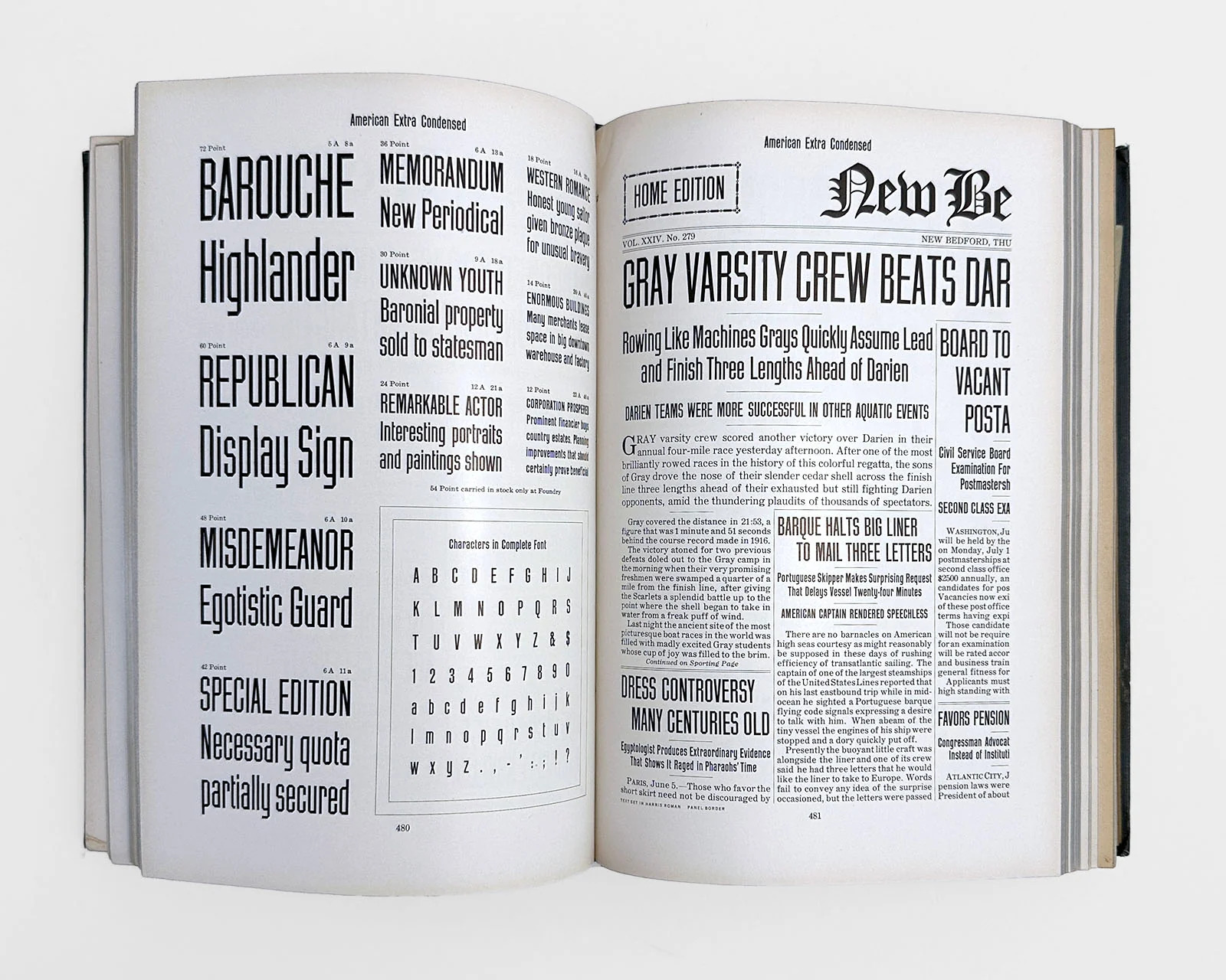 Scan of a nineteenth-century type specimen page showing multiple display typefaces, ornaments, and decorative borders at high resolution.