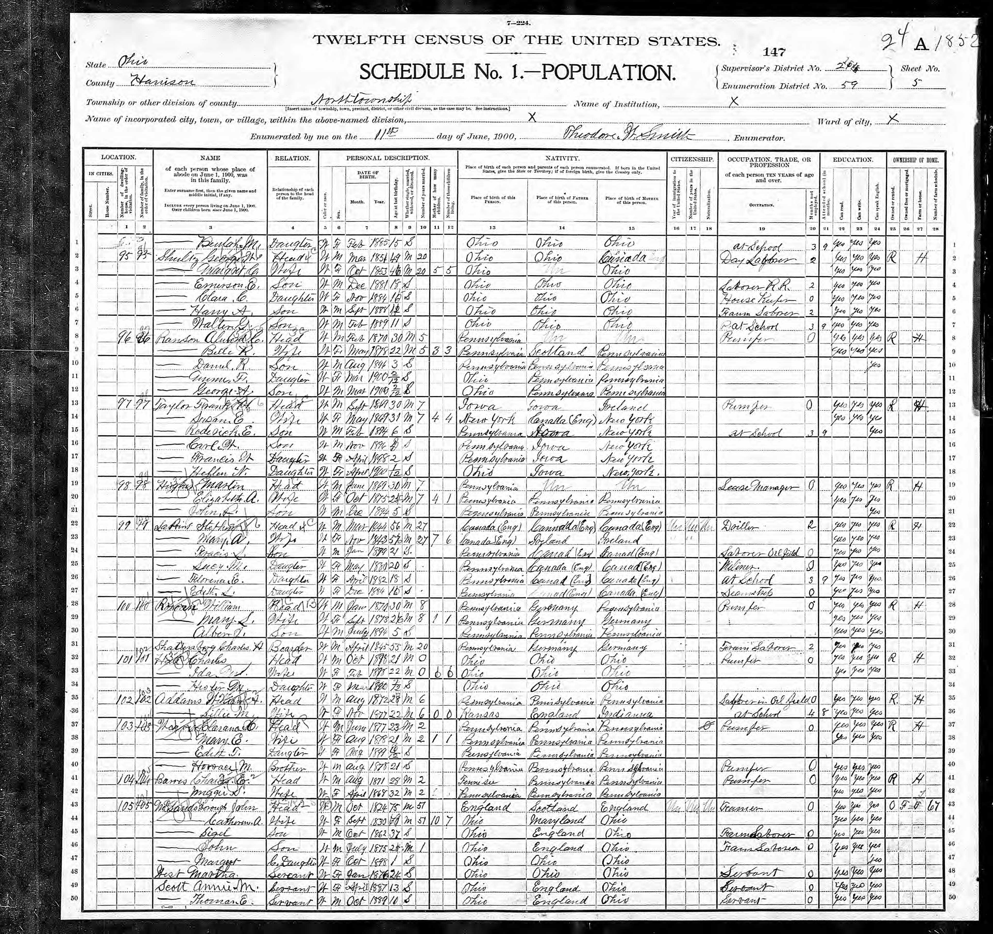 Scanned page of a nineteenth-century US census showing handwritten cursive entries for household members, ages, occupations, and birthplaces in columned rows.