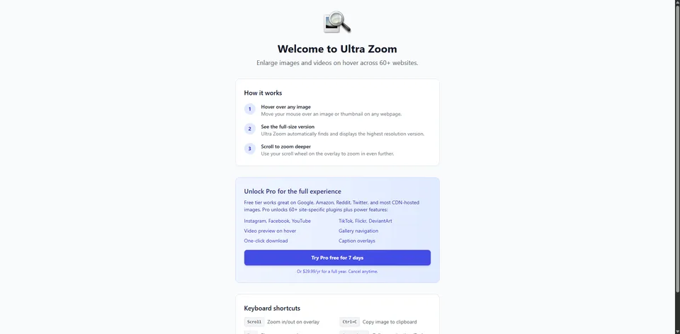 Ultra Zoom welcome page: hover over any image, see the full-size version, scroll to zoom deeper