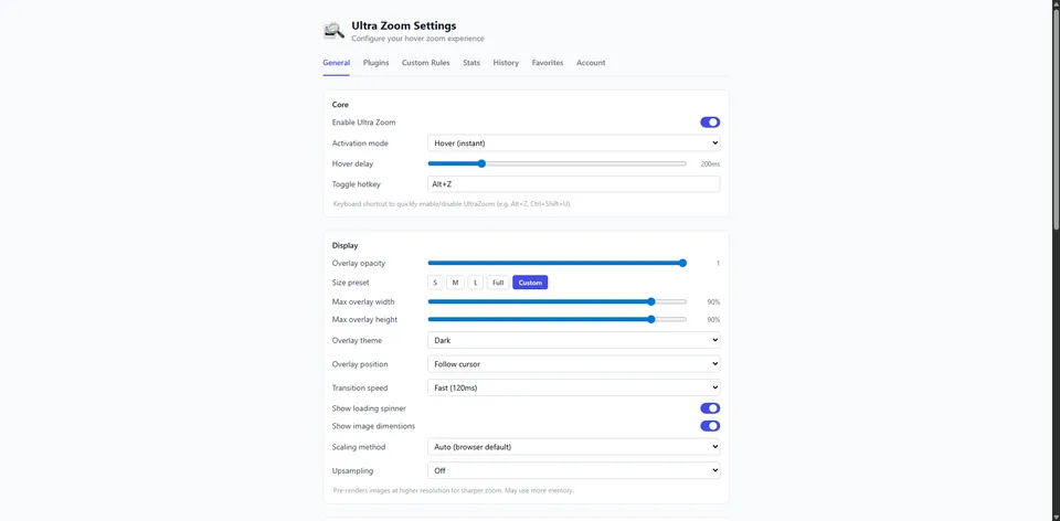 Ultra Zoom settings, General tab: activation mode, hover delay, overlay size, theme, position, and transition speed