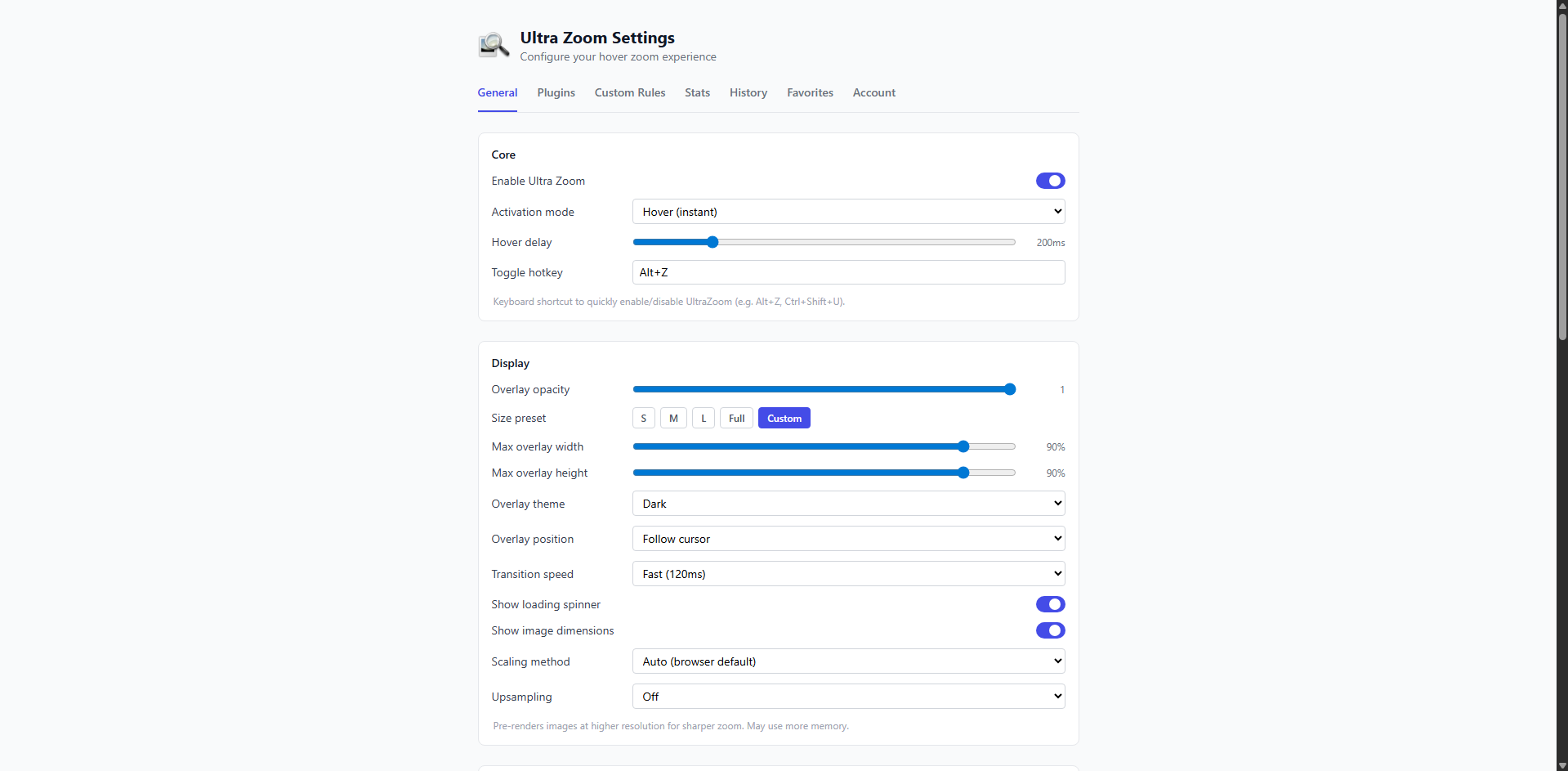 Settings page with display options like overlay opacity, size, and transition speed