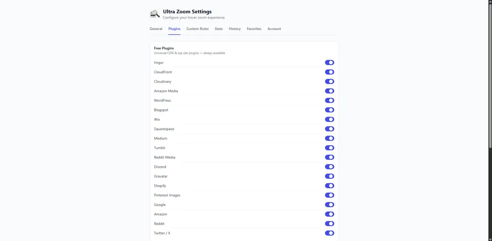 Ultra Zoom settings, Plugins tab, with an on/off toggle for each free site and image-CDN plugin
