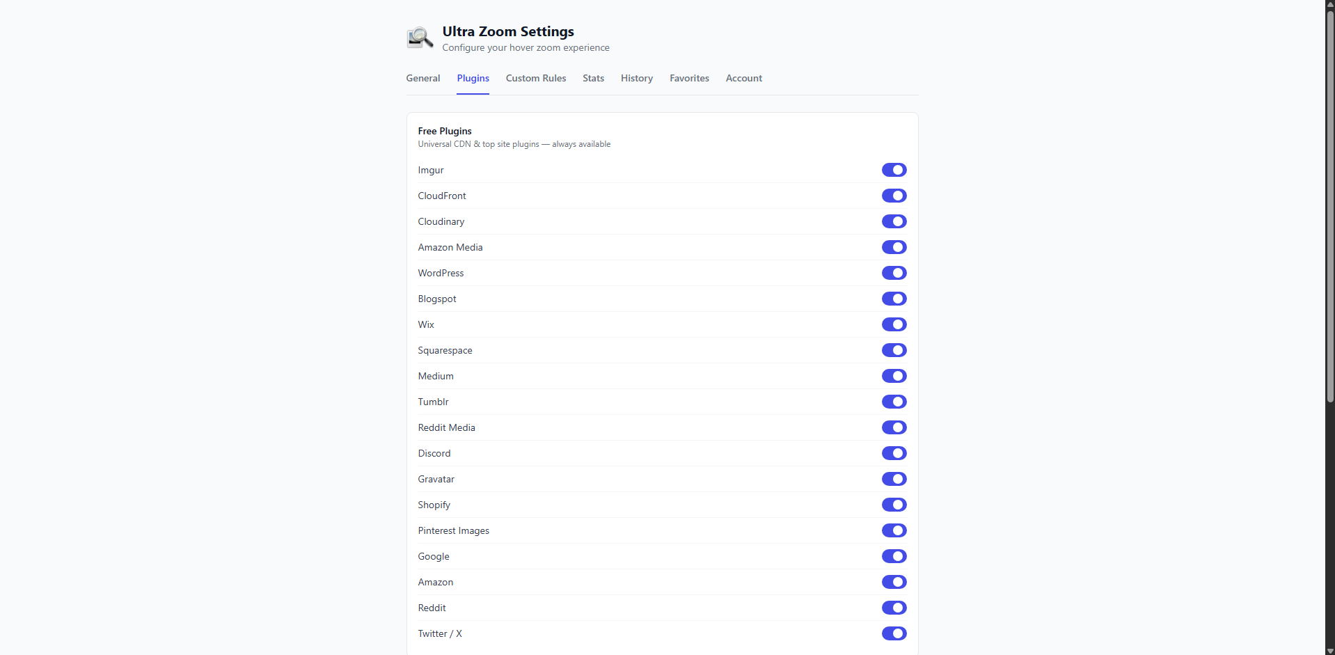 Plugins tab showing per-site toggle switches for 60+ websites