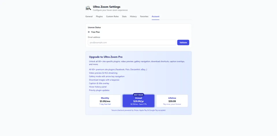 Ultra Zoom settings, Account tab: licence status, email validation, and the Monthly, Annual, and Lifetime Pro plans